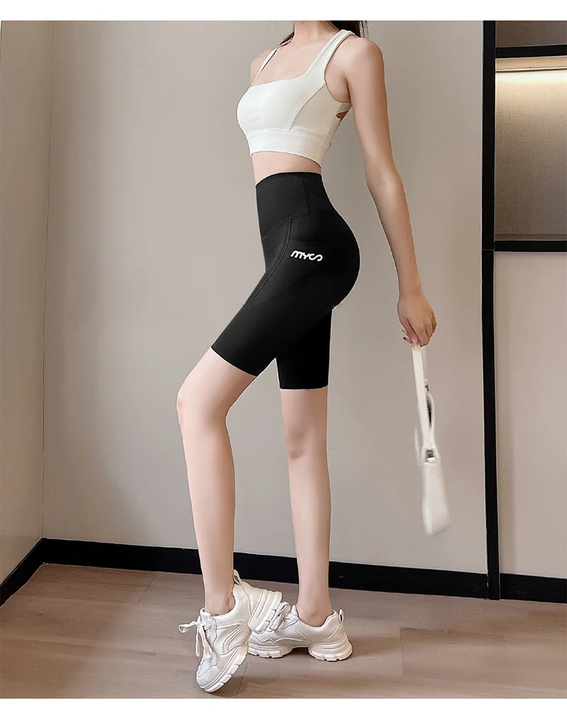 Summer New Side Pocket Shark Shorts Women Biker Shorts High Waist Seamless Sports Running Cycling Shorts Fitness Short Leggings
