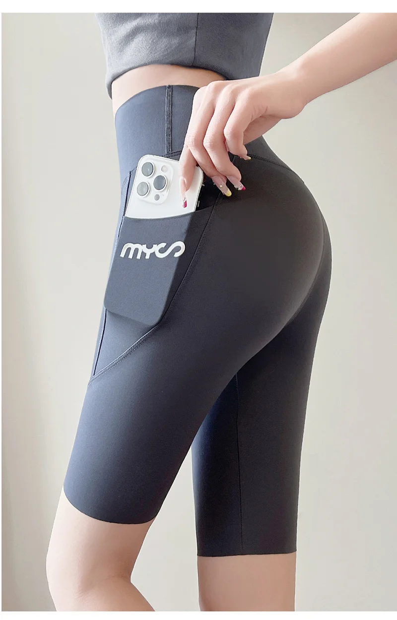 Summer New Side Pocket Shark Shorts Women Biker Shorts High Waist Seamless Sports Running Cycling Shorts Fitness Short Leggings