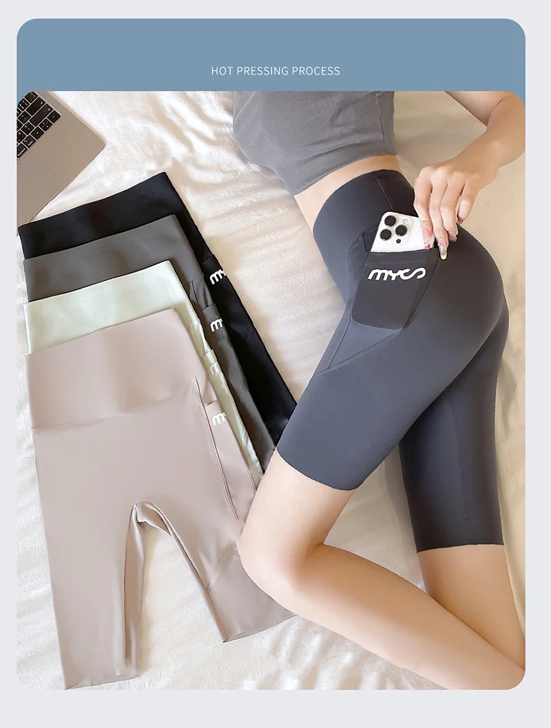 Summer New Side Pocket Shark Shorts Women Biker Shorts High Waist Seamless Sports Running Cycling Shorts Fitness Short Leggings
