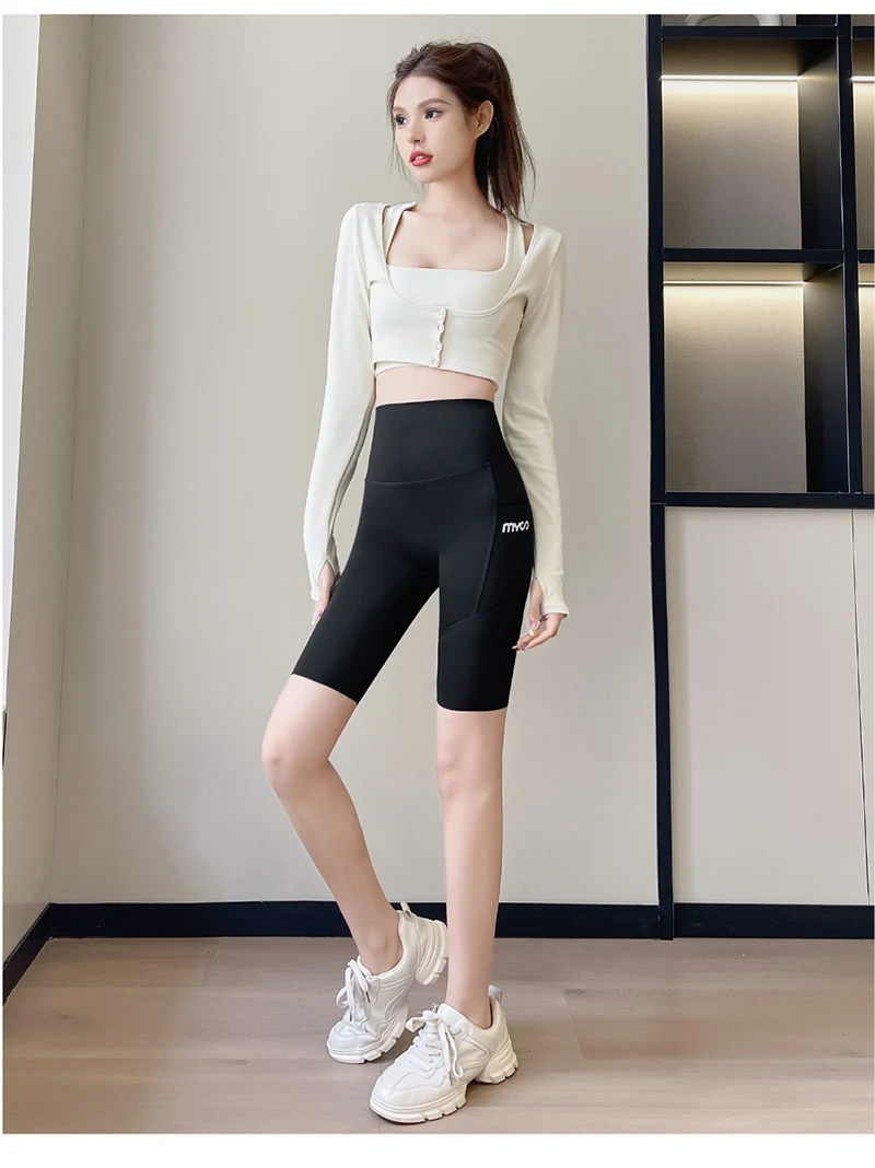 Summer New Side Pocket Shark Shorts Women Biker Shorts High Waist Seamless Sports Running Cycling Shorts Fitness Short Leggings