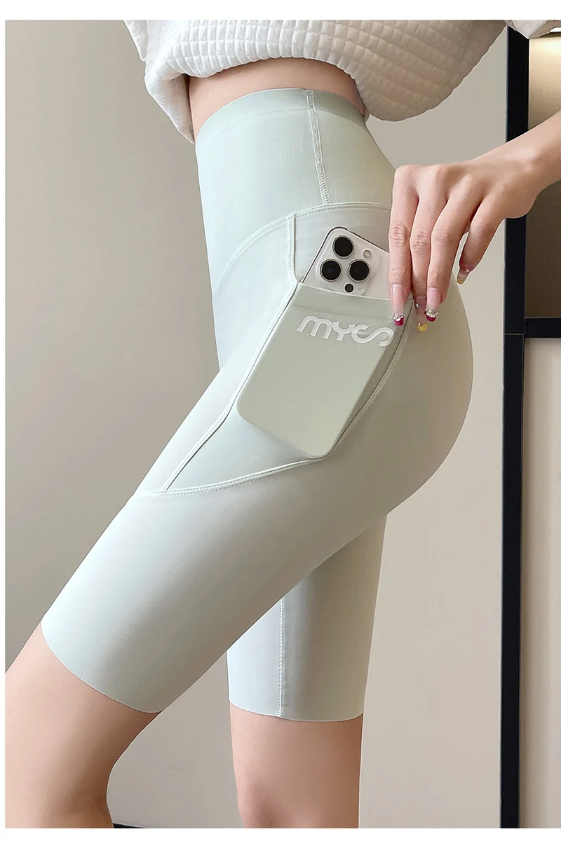 Summer New Side Pocket Shark Shorts Women Biker Shorts High Waist Seamless Sports Running Cycling Shorts Fitness Short Leggings