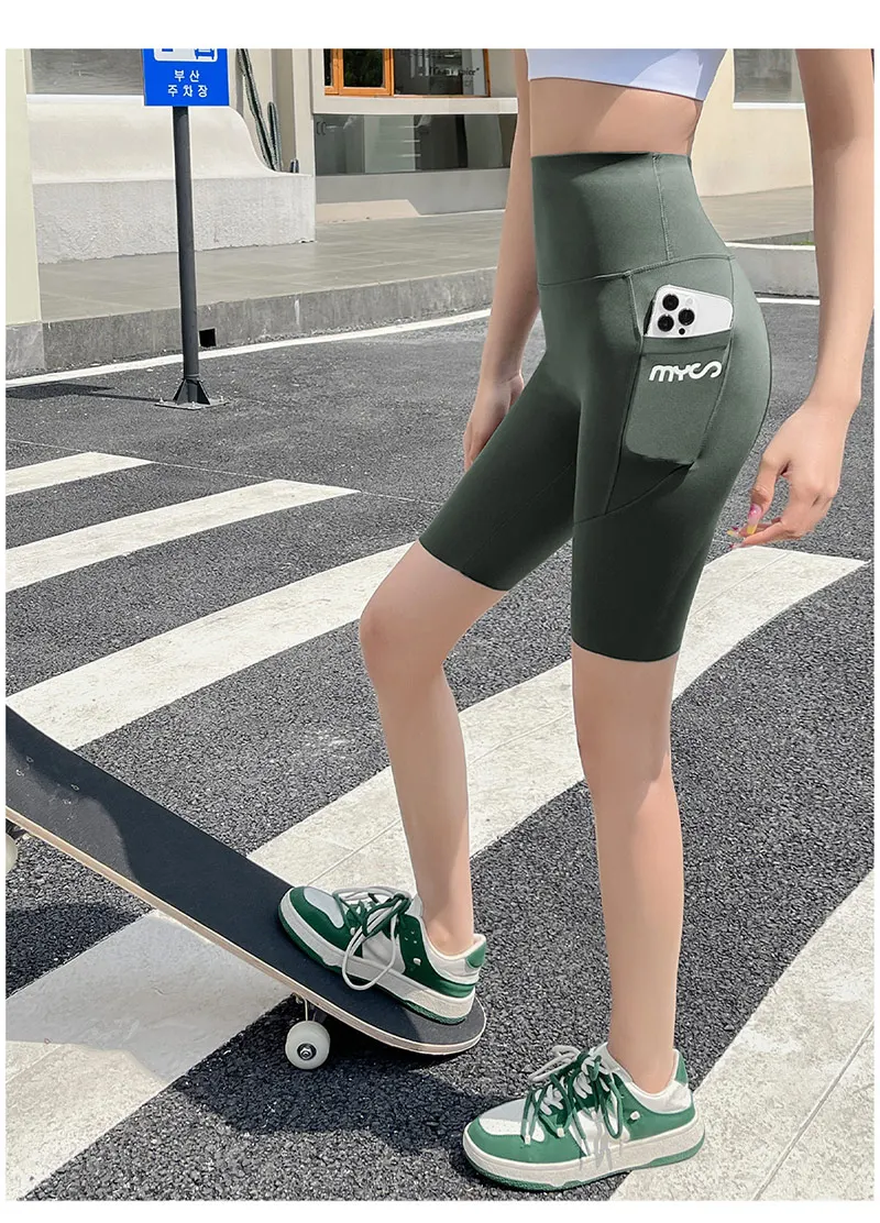 Summer New Side Pocket Shark Shorts Women Biker Shorts High Waist Seamless Sports Running Cycling Shorts Fitness Short Leggings