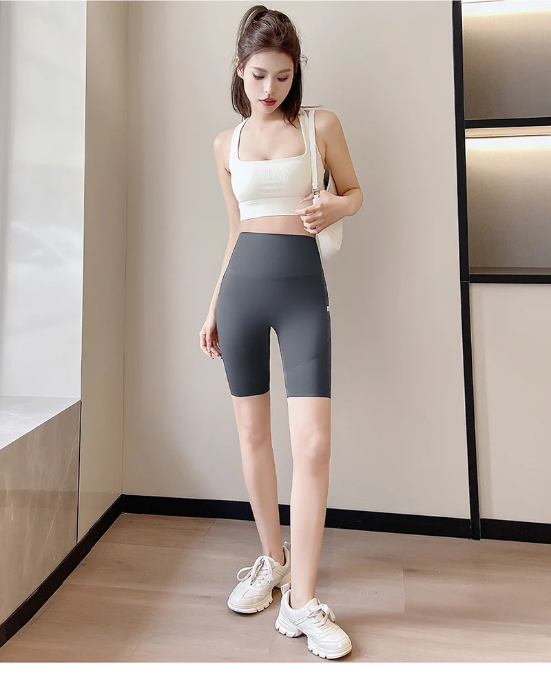 Summer New Side Pocket Shark Shorts Women Biker Shorts High Waist Seamless Sports Running Cycling Shorts Fitness Short Leggings
