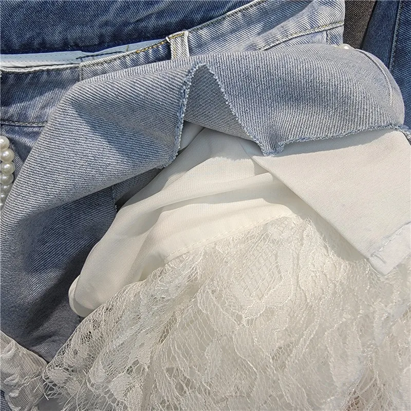 2026 Summer Women's Lace Denim Shorts Two Piece Set Thin Slim A Line High Waist Lace Edge Booty Pants Casual Jeans Streetwear