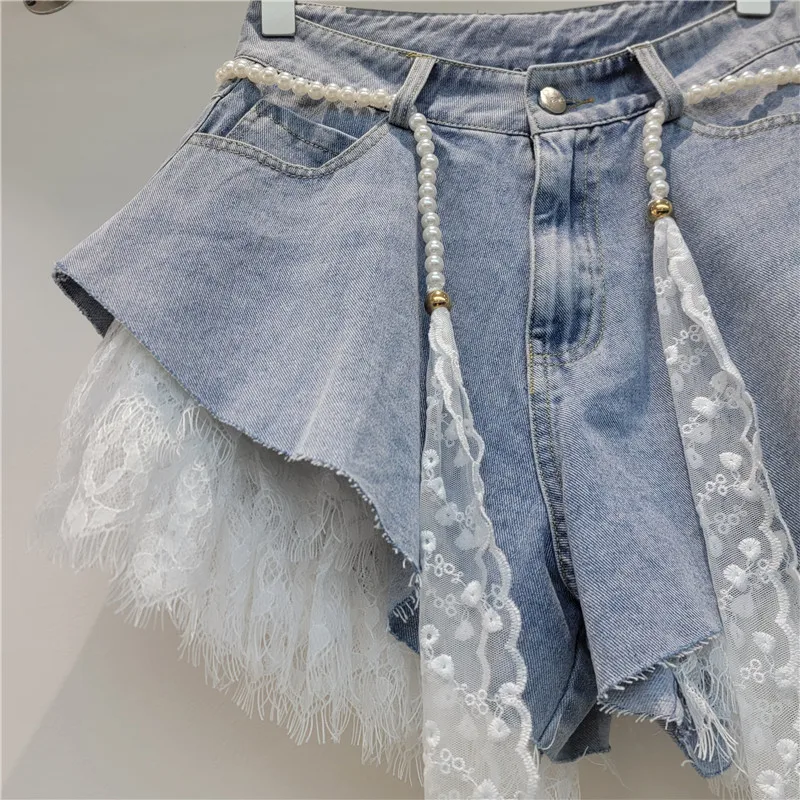 2026 Summer Women's Lace Denim Shorts Two Piece Set Thin Slim A Line High Waist Lace Edge Booty Pants Casual Jeans Streetwear