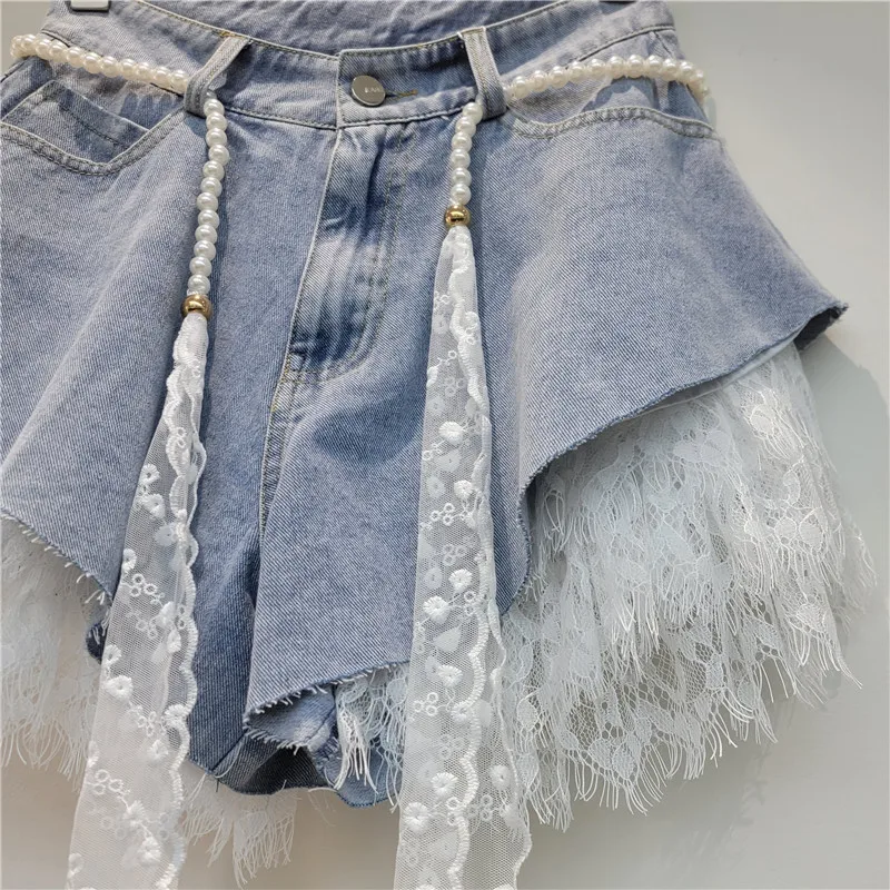 2026 Summer Women's Lace Denim Shorts Two Piece Set Thin Slim A Line High Waist Lace Edge Booty Pants Casual Jeans Streetwear