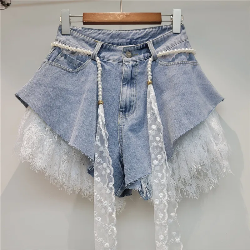 2026 Summer Women's Lace Denim Shorts Two Piece Set Thin Slim A Line High Waist Lace Edge Booty Pants Casual Jeans Streetwear