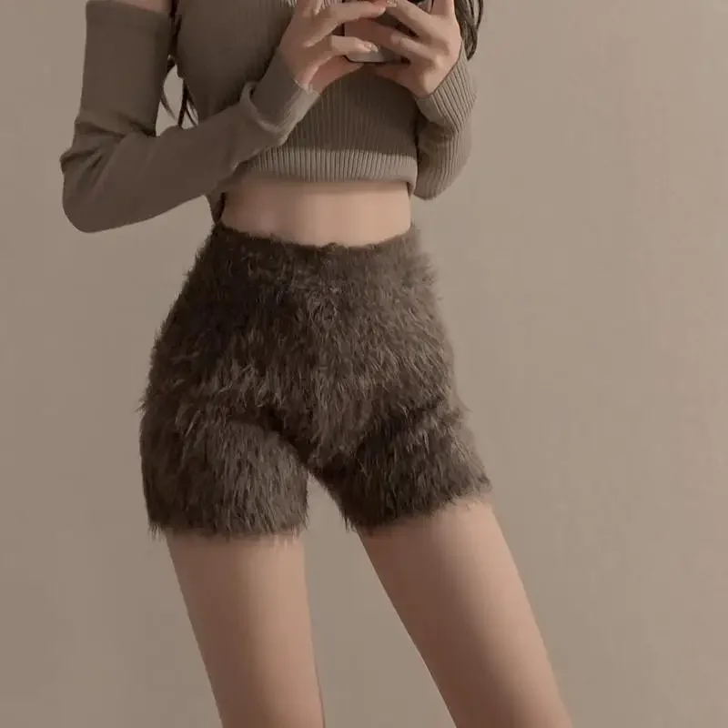 Korean Pantalones Cortos De Mujer Knitted Shorts For Women Fashion Furry High Waist Casual Summer Y2k Pants 2026 New Bottoms