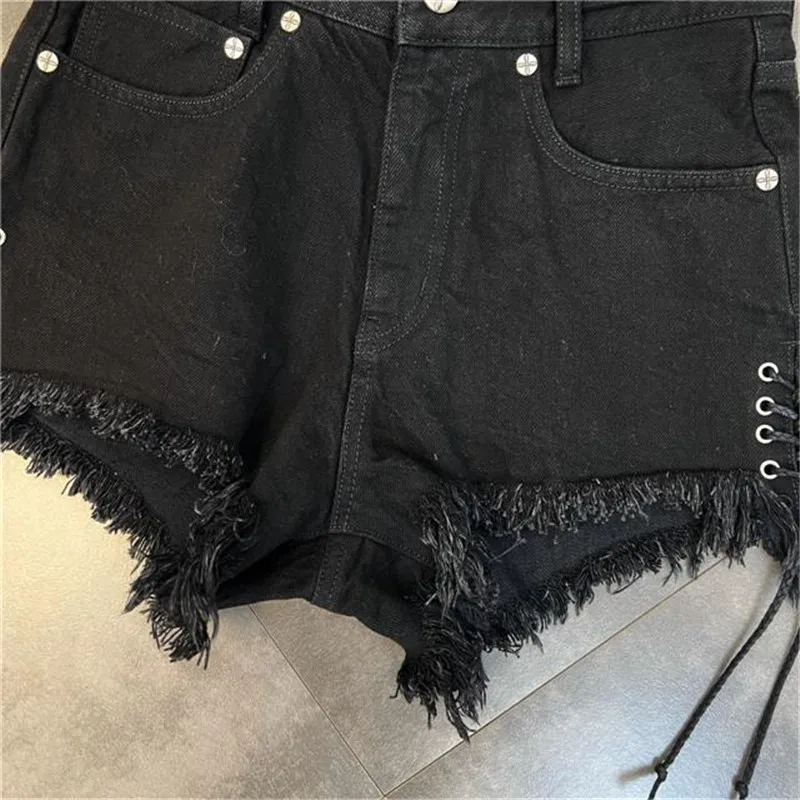 Women's Black Bandage Raw Edge Cross Flower Denim Shorts Personalized Streetwear Fashion Summer Slim High waisted Hot Pants