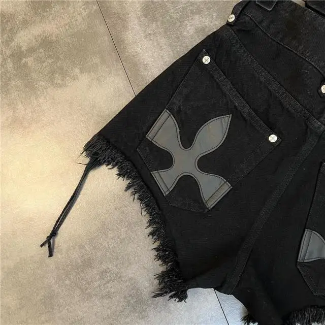 Women's Black Bandage Raw Edge Cross Flower Denim Shorts Personalized Streetwear Fashion Summer Slim High waisted Hot Pants
