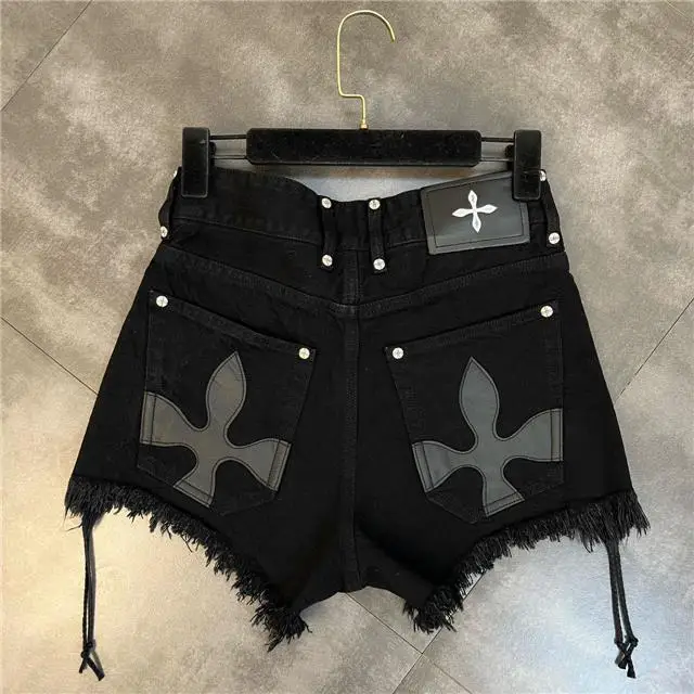 Women's Black Bandage Raw Edge Cross Flower Denim Shorts Personalized Streetwear Fashion Summer Slim High waisted Hot Pants