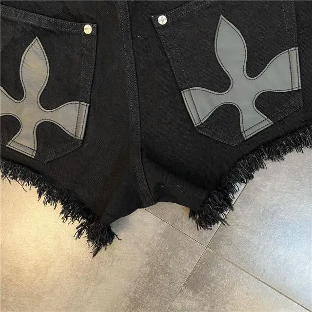 Women's Black Bandage Raw Edge Cross Flower Denim Shorts Personalized Streetwear Fashion Summer Slim High waisted Hot Pants