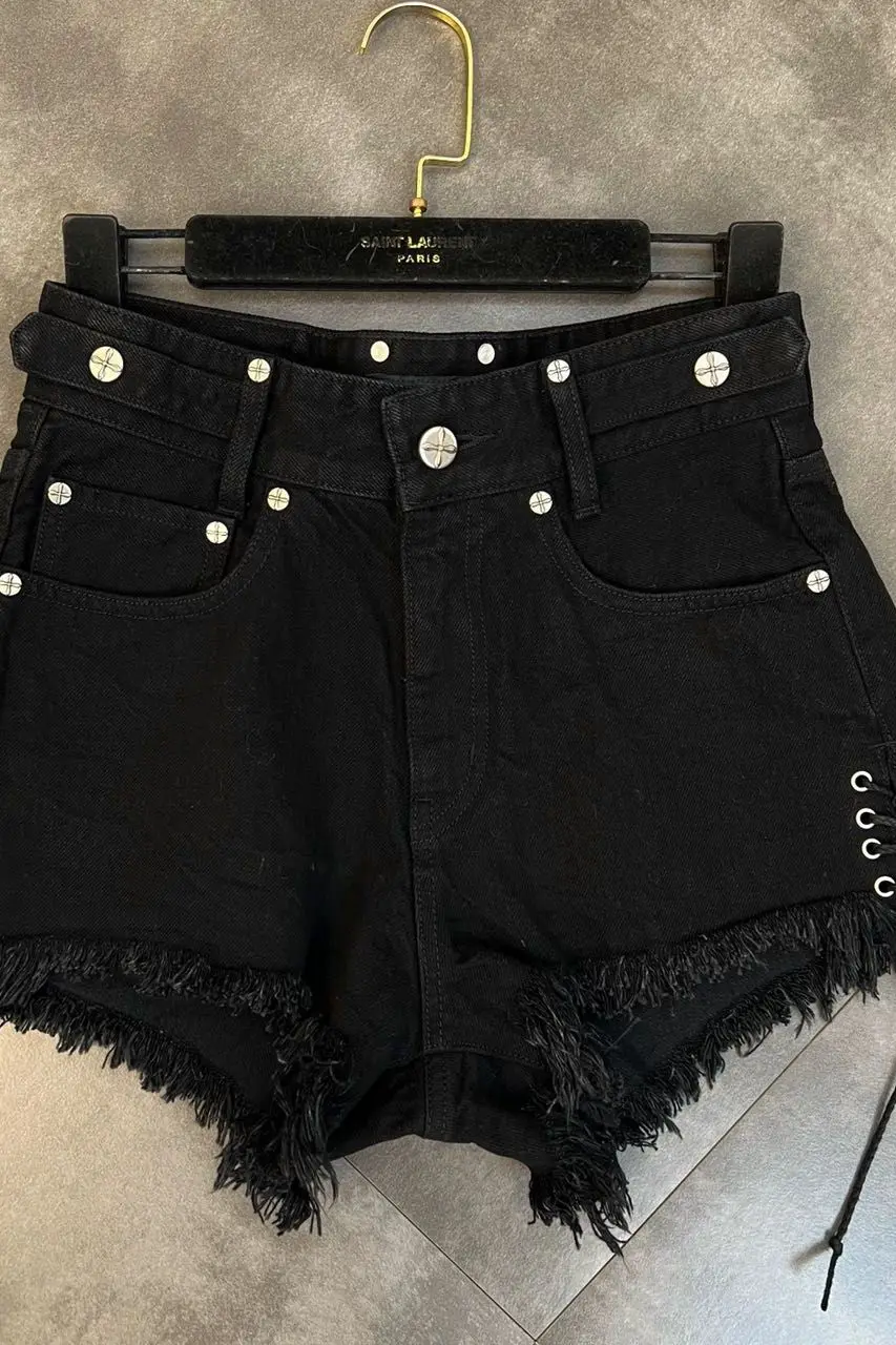 Women's Black Bandage Raw Edge Cross Flower Denim Shorts Personalized Streetwear Fashion Summer Slim High waisted Hot Pants