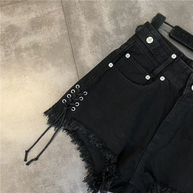 Women's Black Bandage Raw Edge Cross Flower Denim Shorts Personalized Streetwear Fashion Summer Slim High waisted Hot Pants