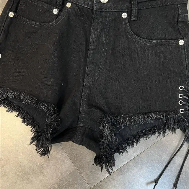 Women's Black Bandage Raw Edge Cross Flower Denim Shorts Personalized Streetwear Fashion Summer Slim High waisted Hot Pants