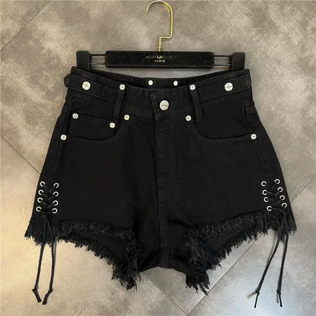 Women's Black Bandage Raw Edge Cross Flower Denim Shorts Personalized Streetwear Fashion Summer Slim High waisted Hot Pants