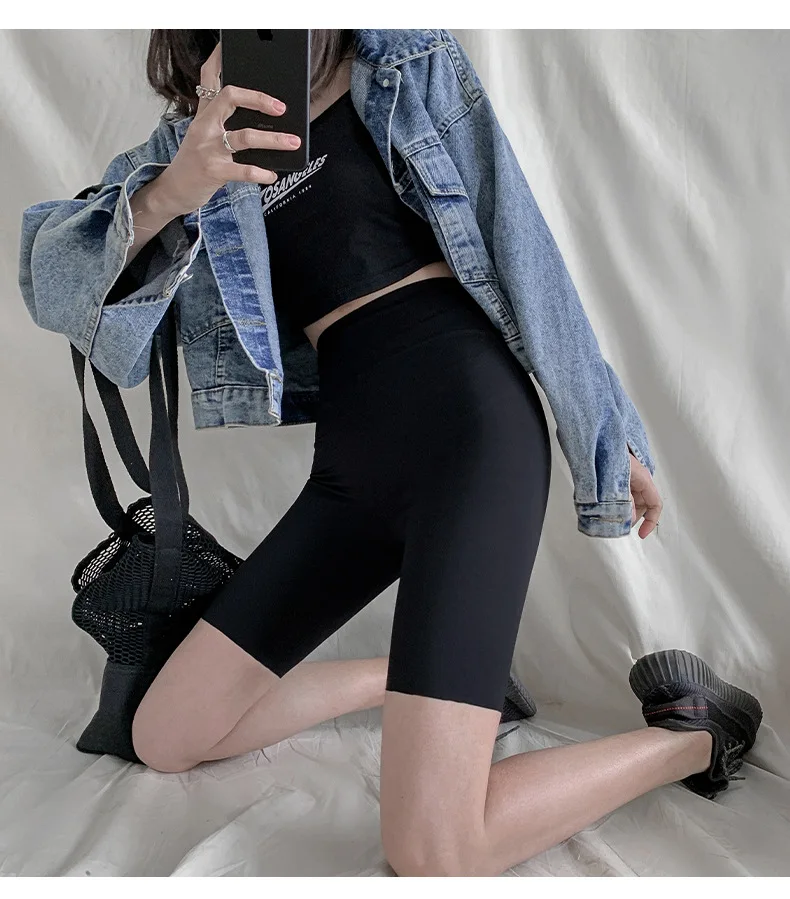 BIVIGAOS Summer Sharkskin Biker Shorts Women's Stretch High Waist Knee Short Outside Bodybuilding Sexy Shorts Tide Sports Shorts