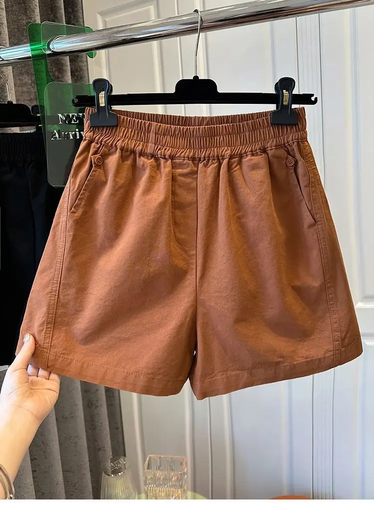 100% Cotton Elastic Waist Casual Shorts for Women Summer Loose Wide Leg Shorts Woman Solid Color Comfortable Pocket Beach Pants