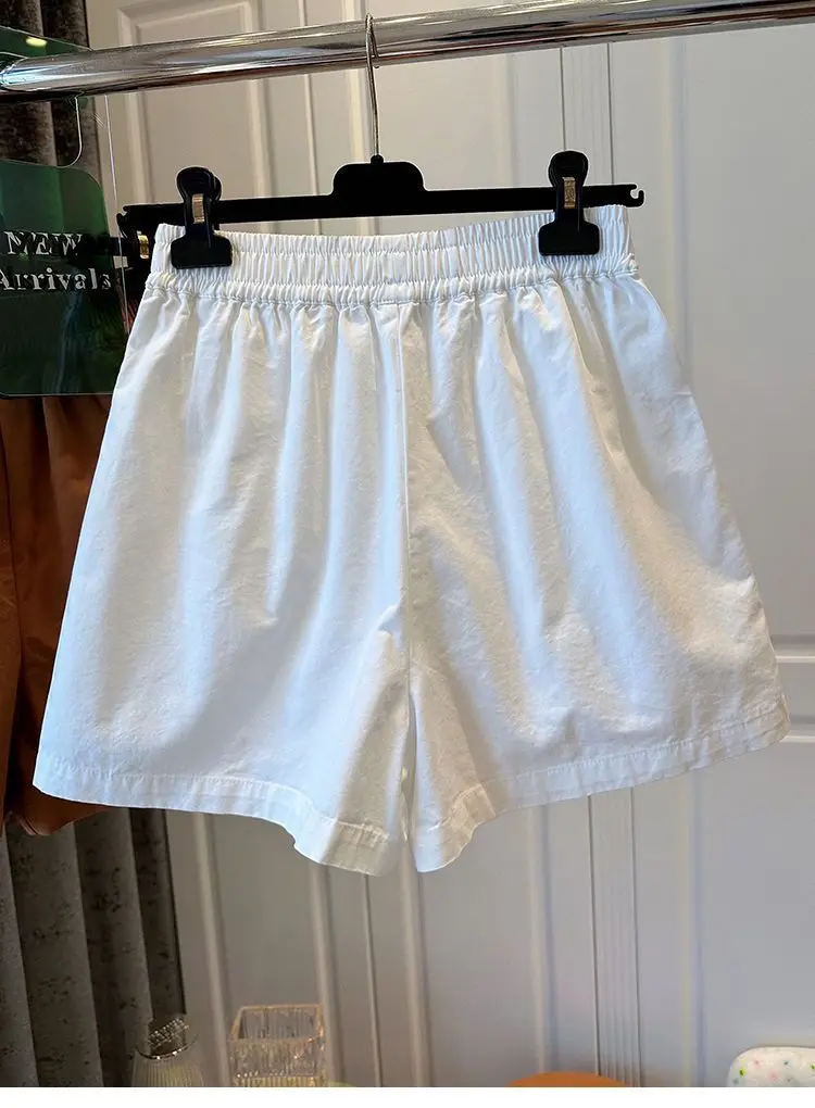 100% Cotton Elastic Waist Casual Shorts for Women Summer Loose Wide Leg Shorts Woman Solid Color Comfortable Pocket Beach Pants