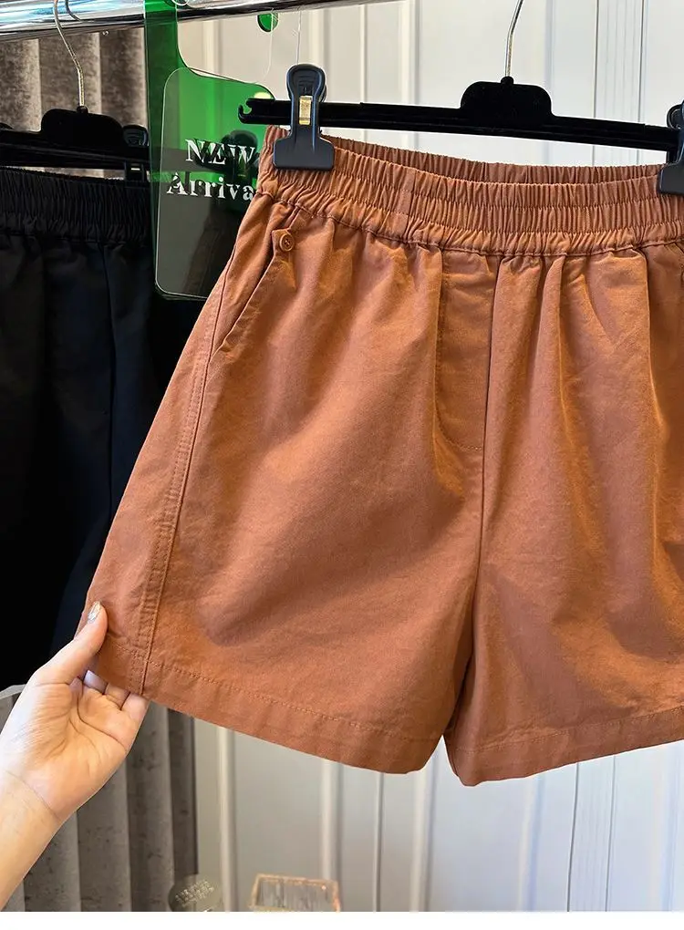 100% Cotton Elastic Waist Casual Shorts for Women Summer Loose Wide Leg Shorts Woman Solid Color Comfortable Pocket Beach Pants