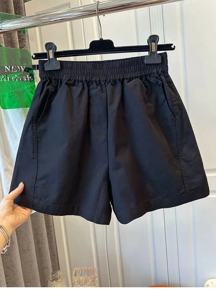 100% Cotton Elastic Waist Casual Shorts for Women Summer Loose Wide Leg Shorts Woman Solid Color Comfortable Pocket Beach Pants