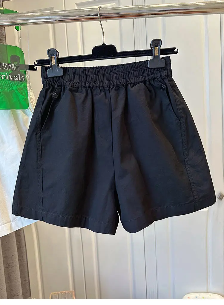 100% Cotton Elastic Waist Casual Shorts for Women Summer Loose Wide Leg Shorts Woman Solid Color Comfortable Pocket Beach Pants