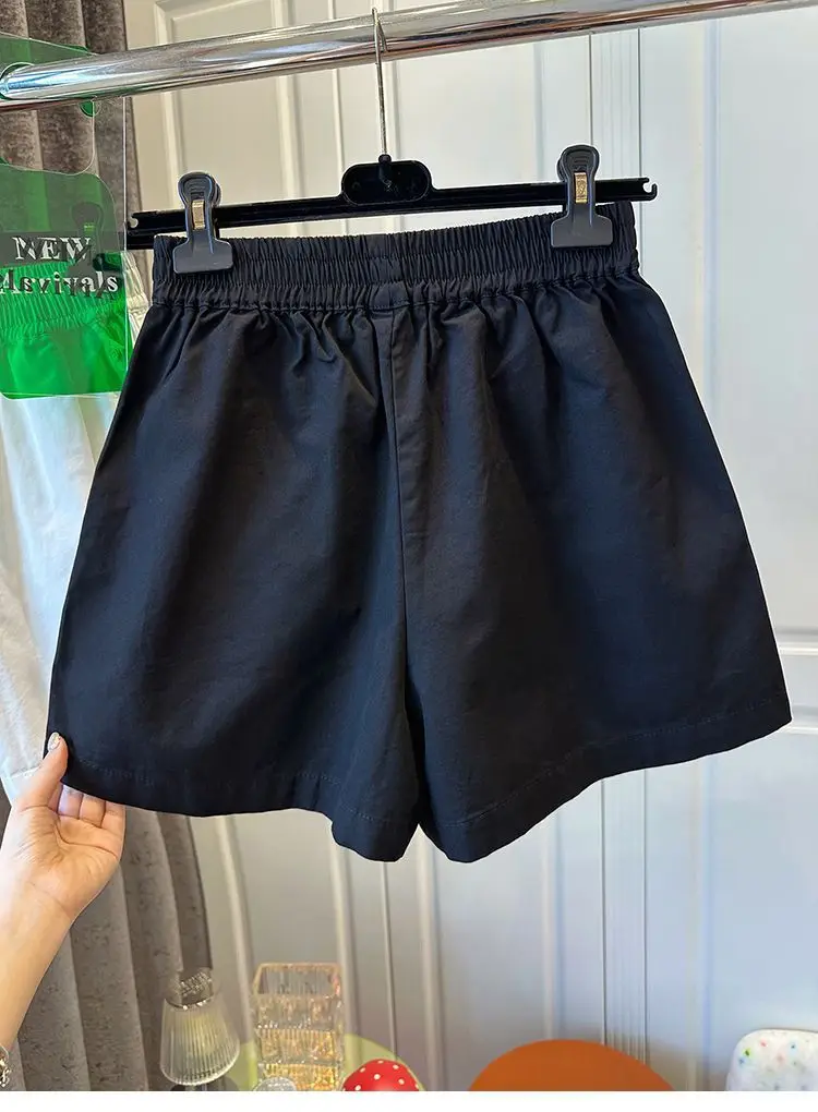 100% Cotton Elastic Waist Casual Shorts for Women Summer Loose Wide Leg Shorts Woman Solid Color Comfortable Pocket Beach Pants