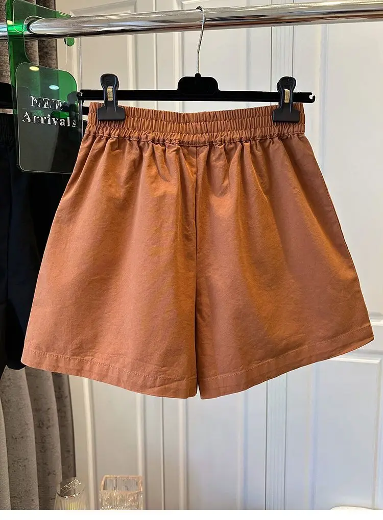 100% Cotton Elastic Waist Casual Shorts for Women Summer Loose Wide Leg Shorts Woman Solid Color Comfortable Pocket Beach Pants
