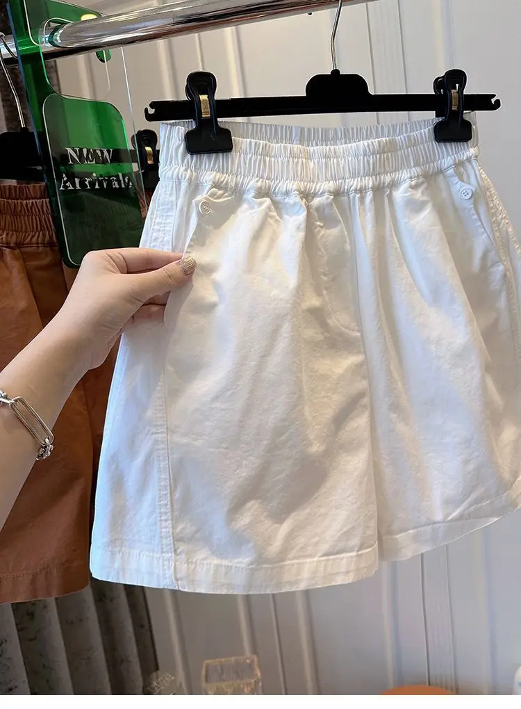100% Cotton Elastic Waist Casual Shorts for Women Summer Loose Wide Leg Shorts Woman Solid Color Comfortable Pocket Beach Pants