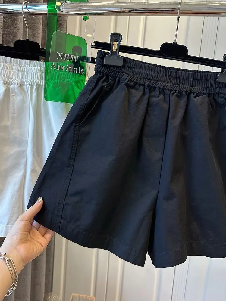100% Cotton Elastic Waist Casual Shorts for Women Summer Loose Wide Leg Shorts Woman Solid Color Comfortable Pocket Beach Pants