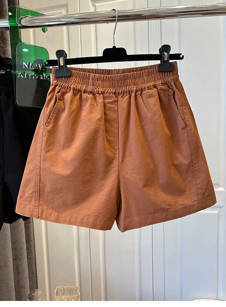 100% Cotton Elastic Waist Casual Shorts for Women Summer Loose Wide Leg Shorts Woman Solid Color Comfortable Pocket Beach Pants