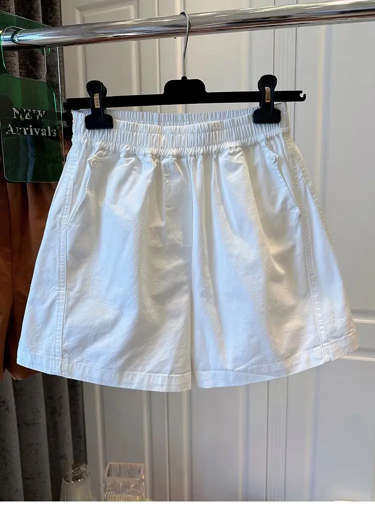 100% Cotton Elastic Waist Casual Shorts for Women Summer Loose Wide Leg Shorts Woman Solid Color Comfortable Pocket Beach Pants