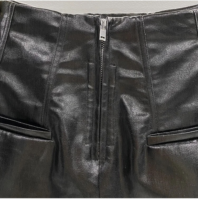 TIFICY High Street Shorts Women's New High Waisted Zipper Shapewear Denim Coated Flat Corner Pocket Color Blocked Shorts