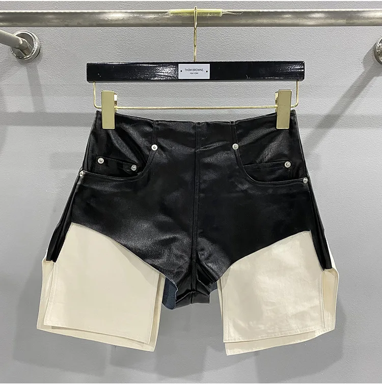 TIFICY High Street Shorts Women's New High Waisted Zipper Shapewear Denim Coated Flat Corner Pocket Color Blocked Shorts
