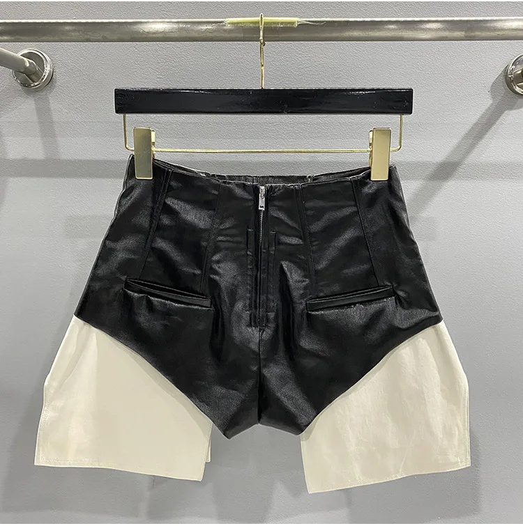 TIFICY High Street Shorts Women's New High Waisted Zipper Shapewear Denim Coated Flat Corner Pocket Color Blocked Shorts