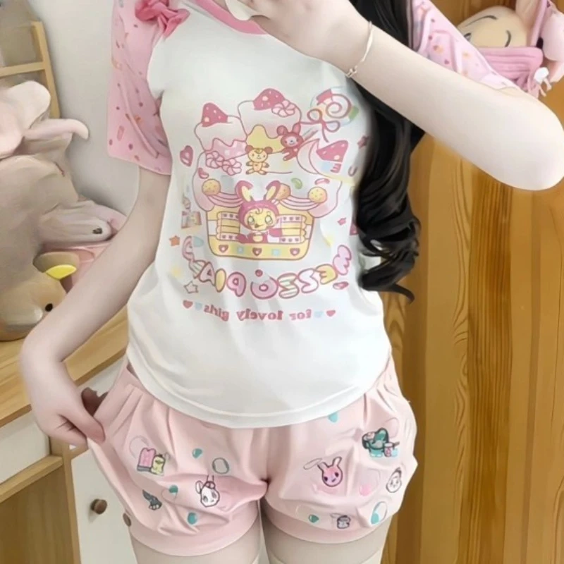 Y2k Aesthetics Punk Shorts Cartoon Embroidery Pockets High Waist Flower Bud Short Pant Hauajuku Girl Sweet Cute Women's Clothing