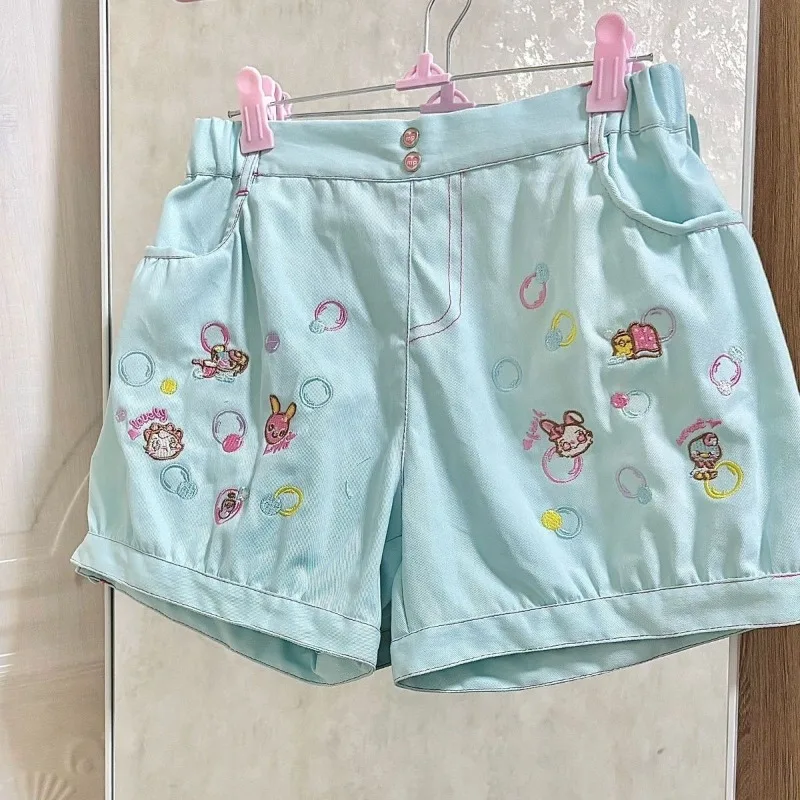 Y2k Aesthetics Punk Shorts Cartoon Embroidery Pockets High Waist Flower Bud Short Pant Hauajuku Girl Sweet Cute Women's Clothing