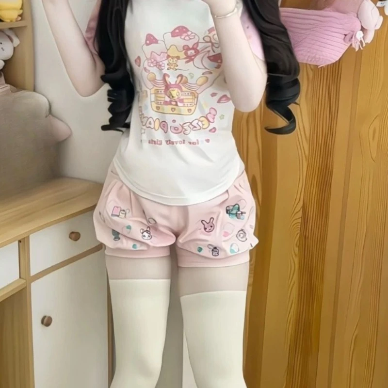 Y2k Aesthetics Punk Shorts Cartoon Embroidery Pockets High Waist Flower Bud Short Pant Hauajuku Girl Sweet Cute Women's Clothing
