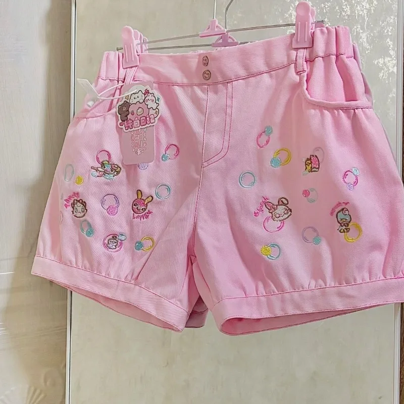 Y2k Aesthetics Punk Shorts Cartoon Embroidery Pockets High Waist Flower Bud Short Pant Hauajuku Girl Sweet Cute Women's Clothing