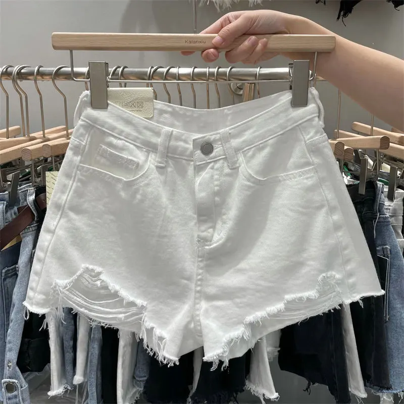 Y2k Women's Ripped Denim Shorts New Loose A-Line with Frayed Edges for Summer Short Pants Women Streetwear Jean Shorts Black