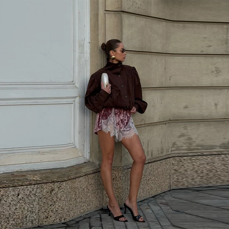 Sexy Lace Splicing Velvet Short Pants Women's Loose Elastic Waist High-waisted Mini Shorts 2026 Summer New Female Streetwear
