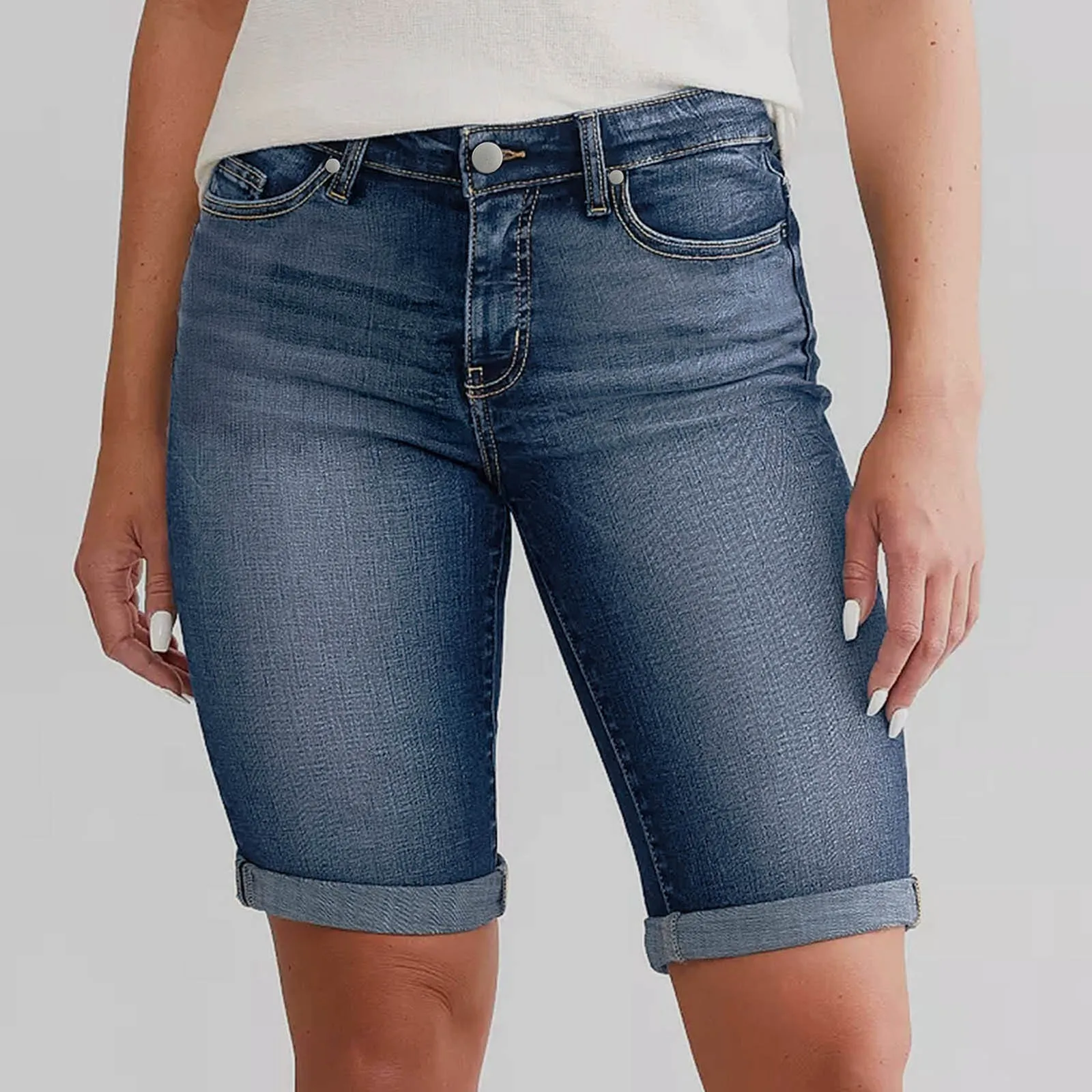 Stretchy High Waisted Denim Shorts With Pockets Trendy Distressed Ladies Casual Trousers Summer Trousers For Womens Slim-Fit
