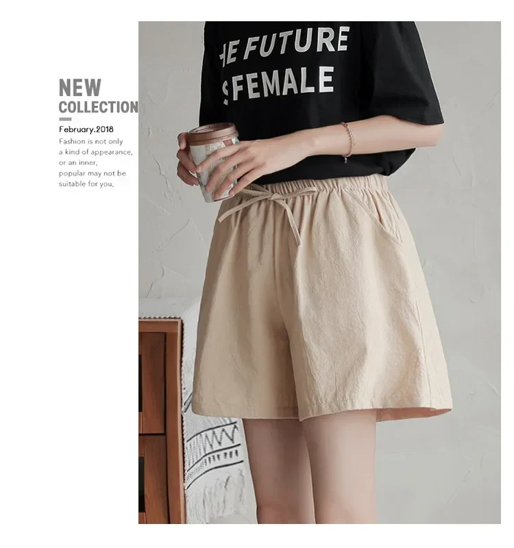 2024 Women Cotton Linen Shorts Summer Casual Solid Pockets Shorts High Waist Loose Shorts for Girls Soft Plus Size Female Short