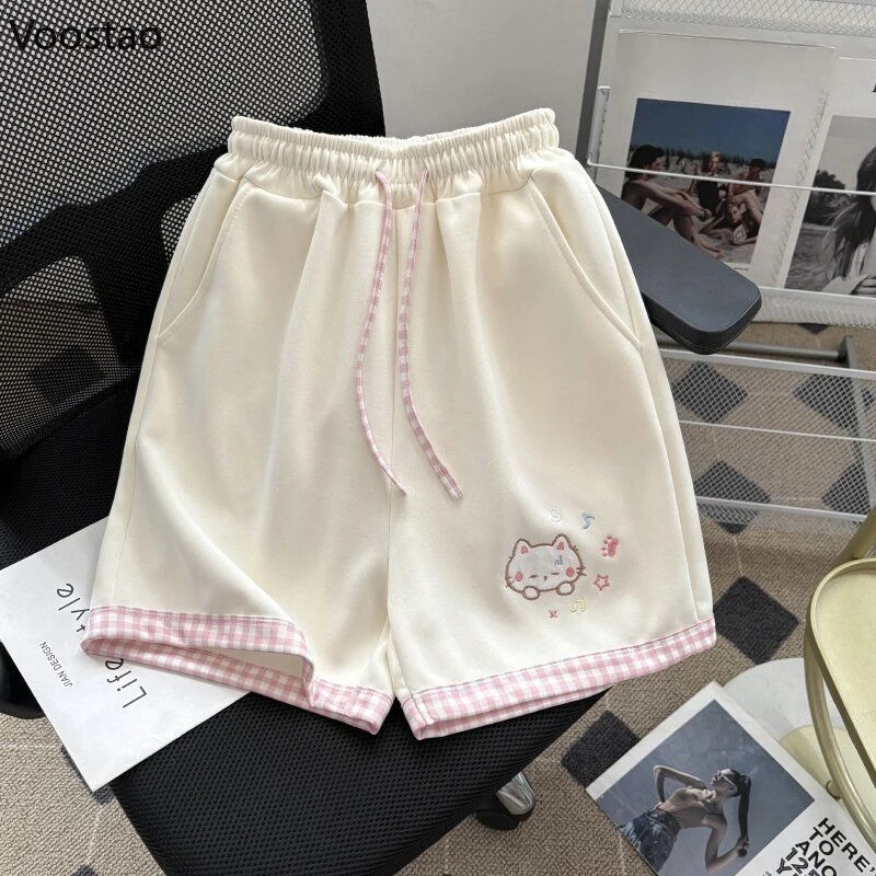 Japanese Sweet Lolita Style Shorts Women Kawaii Cartoon Cat Embroidery Short Pants Y2k Cute Patchwork Plaid Shorts Ropa Mujer