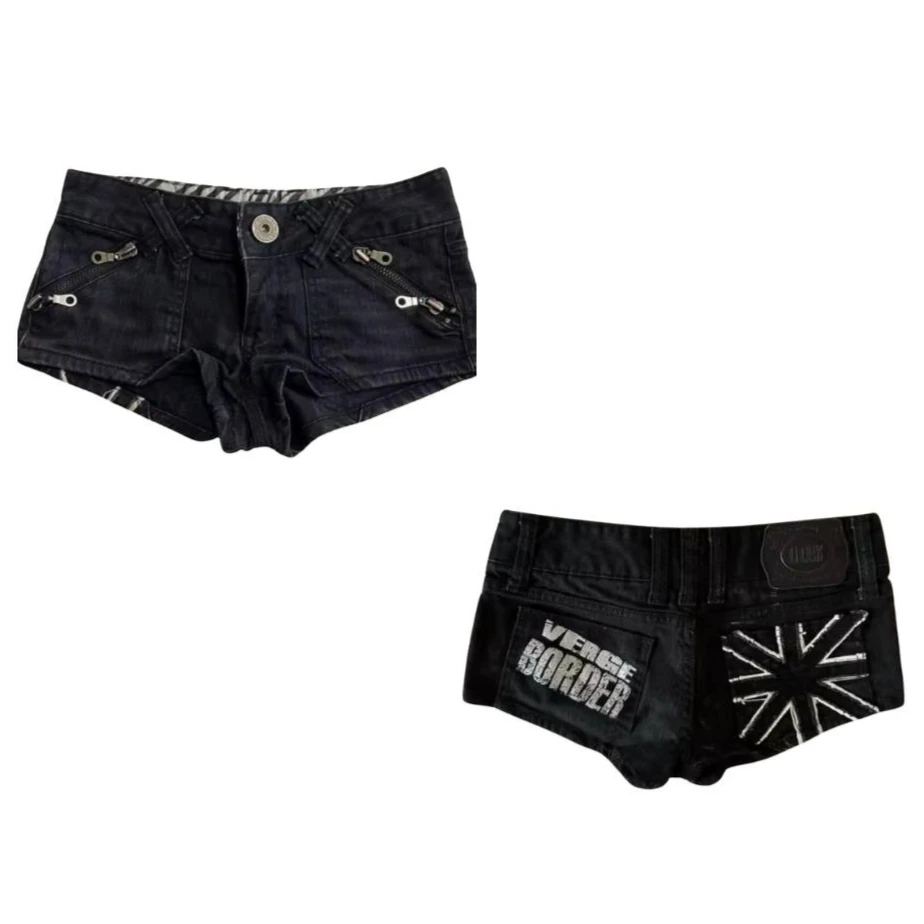 Hip Hop Gothic Fashion Street Denim Shorts Pocket Zipper Print Black Shorts Y2k Slim Shorts Sexy Mini Skirt Women Clothing Jorts