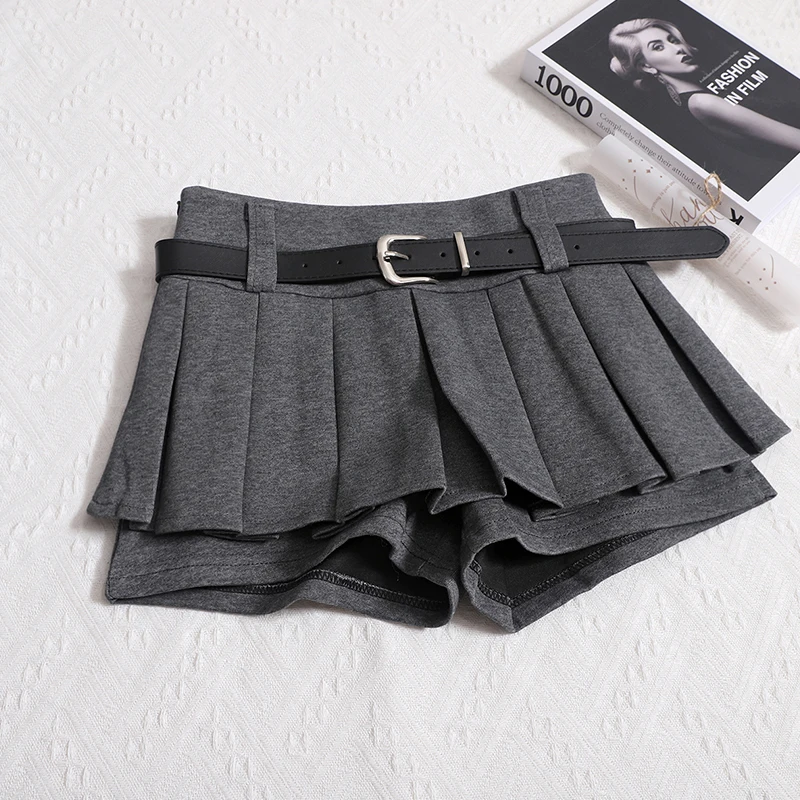 Womens Shorts Autumn Winter Belt High Waist Fluffy Pleated A-line Short Pants Korean Fashion Sexy Y2k All Match Clothes
