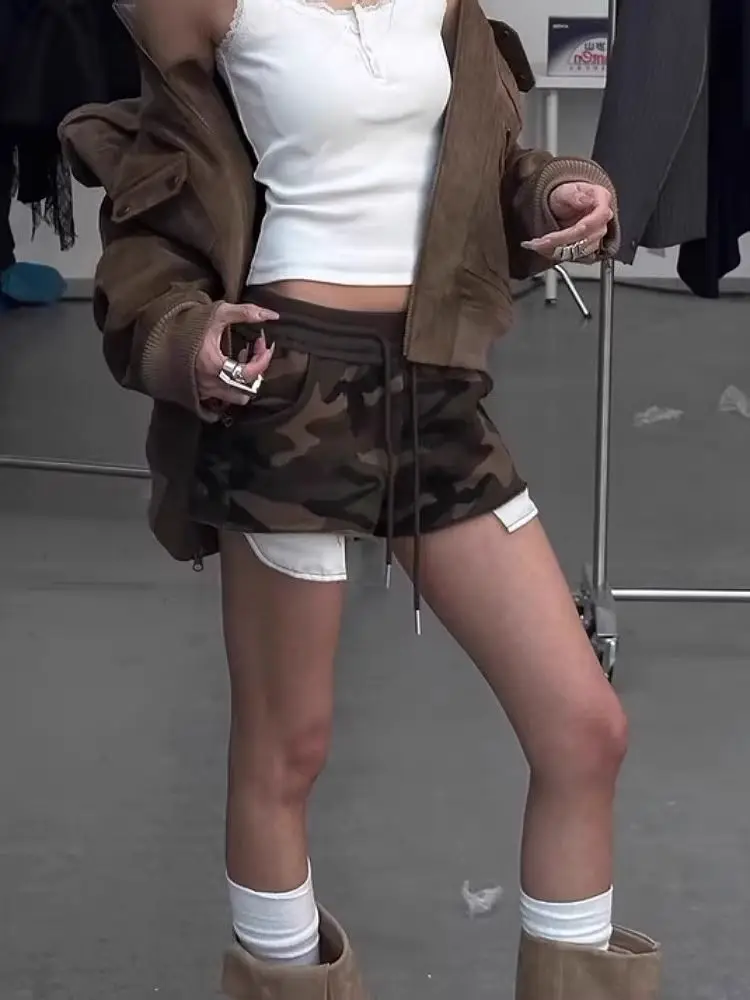Aoaiiys Spice Girls Shorts Women Vintage Camouflage Print Shorts High Waisted Drawstring Fashion Design Short Summer 2026 New