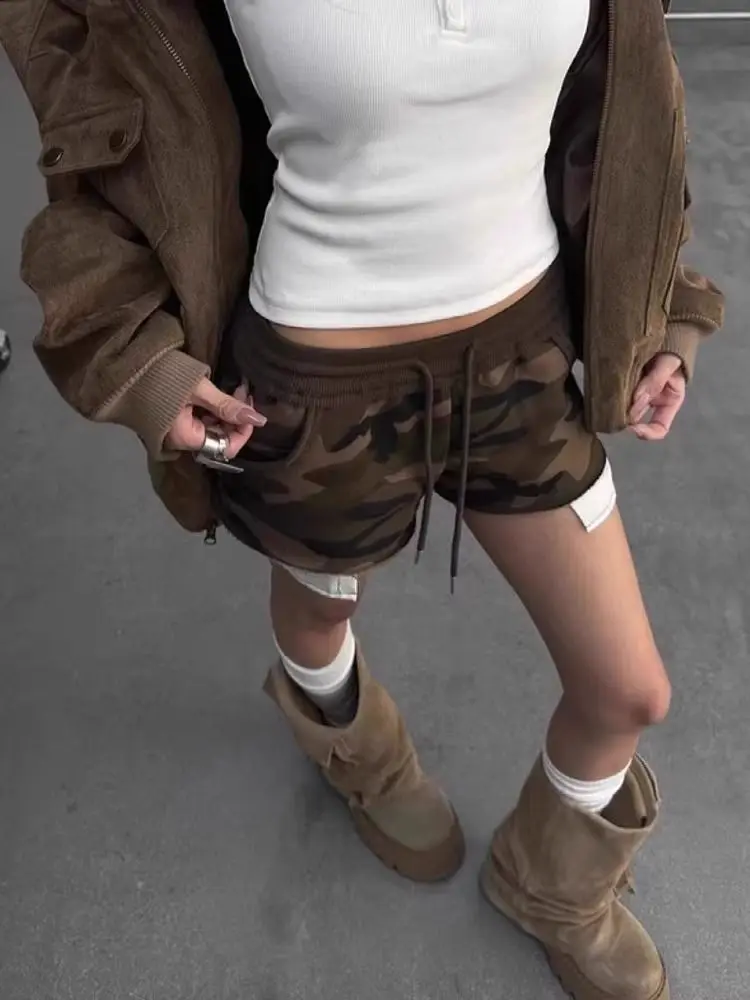 Aoaiiys Spice Girls Shorts Women Vintage Camouflage Print Shorts High Waisted Drawstring Fashion Design Short Summer 2026 New