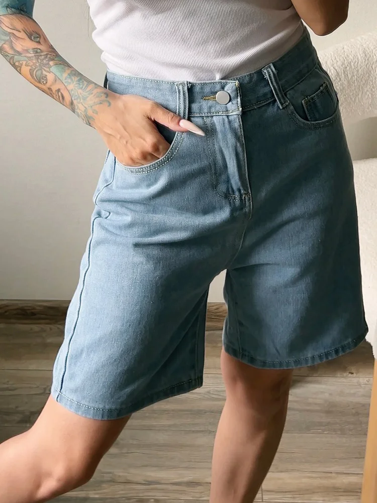 High Waist Long Denim Shorts For Women Summer 2025 Straight Short Jeans Streetwear Slim Women Jeans Denim Pants Jean Shorts