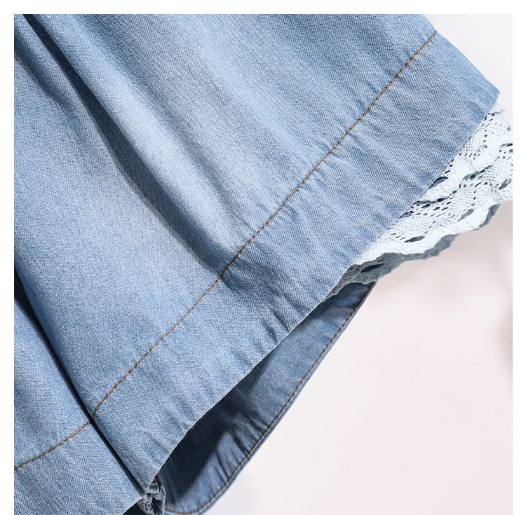 3XL Oversize Denim Wide Leg Shorts Women Summer 100%Cotton Shorts Splice Lace Elastic Waist Cute Soft Girl Frilly Jeans Shorts